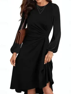 Hot Women's Mini Dress A Line Dress Semi Formal Office Regular Fit Plaid Plain Long Sleeve Crew Neck Black Wine Red Summer Fall Women Work Dresses