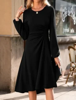 Hot Women's Mini Dress A Line Dress Semi Formal Office Regular Fit Plaid Plain Long Sleeve Crew Neck Black Wine Red Summer Fall Women Work Dresses