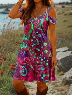 Women's Mini Dress A Line Dress Summer Dress Vacation Casual Daily Holiday Regular Fit Graphic Abstract Short Sleeve V Neck Red Blue Green Summer Women Casual Dress|Sundresses
