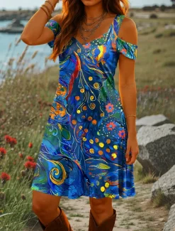 Women's Mini Dress A Line Dress Summer Dress Vacation Casual Daily Holiday Regular Fit Graphic Abstract Short Sleeve V Neck Red Blue Green Summer Women Casual Dress|Sundresses