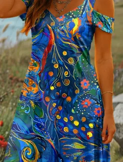 Women's Mini Dress A Line Dress Summer Dress Vacation Casual Daily Holiday Regular Fit Graphic Abstract Short Sleeve V Neck Red Blue Green Summer Women Casual Dress|Sundresses