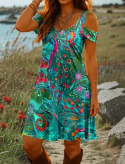 Women's Mini Dress A Line Dress Summer Dress Vacation Casual Daily Holiday Regular Fit Graphic Abstract Short Sleeve V Neck Red Blue Green Summer Women Casual Dress|Sundresses