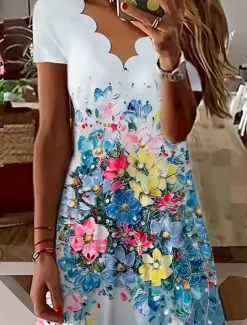 New Women's Mini Dress A Line Dress Summer Dress Casual Daily Regular Fit Floral Graphic Short Sleeve V Neck Summer Women Casual Dress