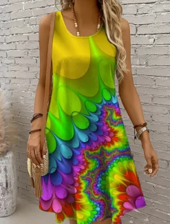 Online Women's Mini Dress A Line Dress Off The Shoulder Dress Vacation Casual Regular Fit Ombre Graphic Abstract Sleeveless U Neck Yellow Red Royal Blue Blue Summer Spring Women Sundresses