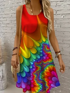Online Women's Mini Dress A Line Dress Off The Shoulder Dress Vacation Casual Regular Fit Ombre Graphic Abstract Sleeveless U Neck Yellow Red Royal Blue Blue Summer Spring Women Sundresses