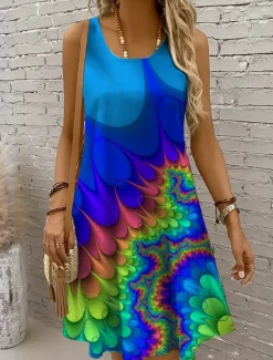 Online Women's Mini Dress A Line Dress Off The Shoulder Dress Vacation Casual Regular Fit Ombre Graphic Abstract Sleeveless U Neck Yellow Red Royal Blue Blue Summer Spring Women Sundresses