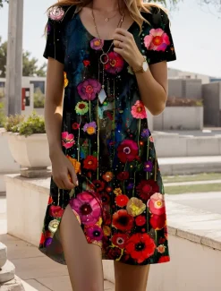 Women's Mini Dress A Line DressT Shirt Dress Tee Dress Summer Dress Casual Daily Regular Fit Floral Graphic Short Sleeve Crew Neck Summer Spring Women Casual Dress|T Shirt Dresses