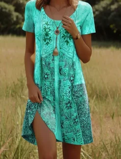 Clearance Women's Mini Dress A Line DressT Shirt Dress Tee Dress Casual Daily Regular Fit Graphic Paisley Short Sleeve Crewneck Pink Orange Green Summer Spring Women T Shirt Dresses|Vacation Dresses