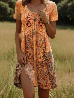 Clearance Women's Mini Dress A Line DressT Shirt Dress Tee Dress Casual Daily Regular Fit Graphic Paisley Short Sleeve Crewneck Pink Orange Green Summer Spring Women T Shirt Dresses|Vacation Dresses
