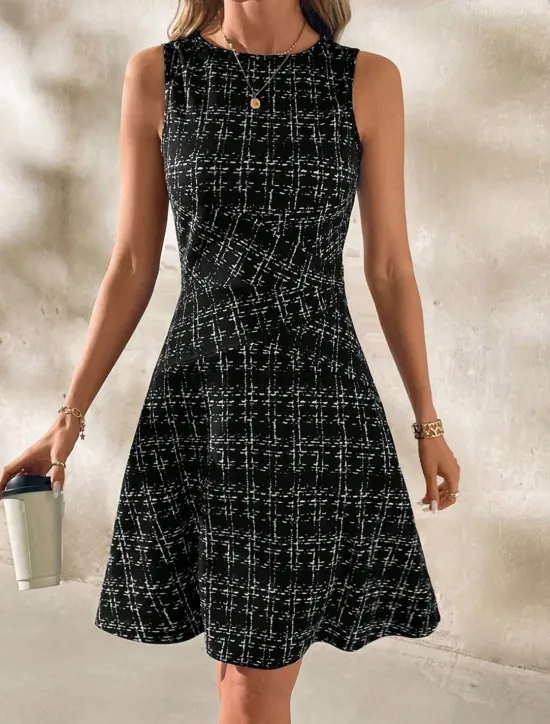 Online Women's Mini Dress A Line Dress Work Dresses Off The Shoulder Dress Vacation Office Regular Fit Plaid Sleeveless Crew Neck Black White Wine Navy Blue Summer Women Work Dresses