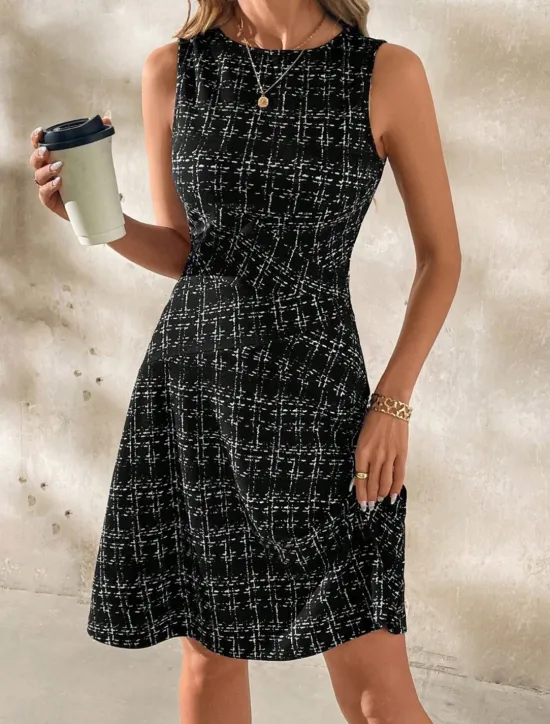 Online Women's Mini Dress A Line Dress Work Dresses Off The Shoulder Dress Vacation Office Regular Fit Plaid Sleeveless Crew Neck Black White Wine Navy Blue Summer Women Work Dresses