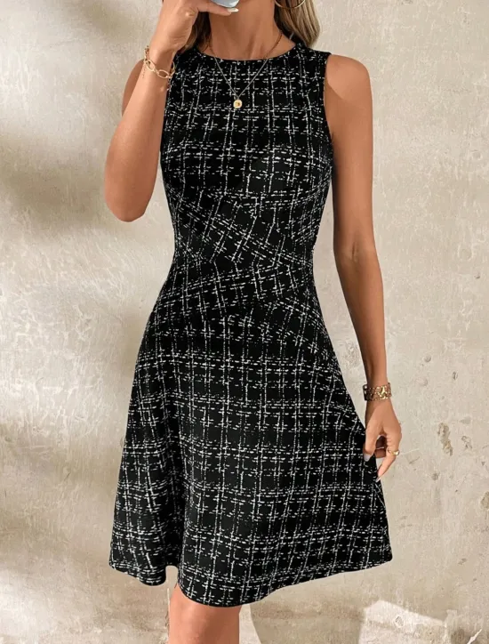 Online Women's Mini Dress A Line Dress Work Dresses Off The Shoulder Dress Vacation Office Regular Fit Plaid Sleeveless Crew Neck Black White Wine Navy Blue Summer Women Work Dresses