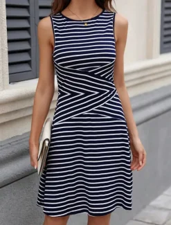 Online Women's Mini Dress A Line Dress Work Dresses Off The Shoulder Dress Vacation Office Regular Fit Plaid Sleeveless Crew Neck Black White Wine Navy Blue Summer Women Work Dresses