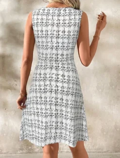 Online Women's Mini Dress A Line Dress Work Dresses Off The Shoulder Dress Vacation Office Regular Fit Plaid Sleeveless Crew Neck Black White Wine Navy Blue Summer Women Work Dresses