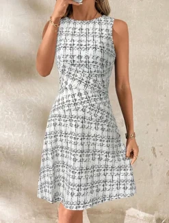 Online Women's Mini Dress A Line Dress Work Dresses Off The Shoulder Dress Vacation Office Regular Fit Plaid Sleeveless Crew Neck Black White Wine Navy Blue Summer Women Work Dresses