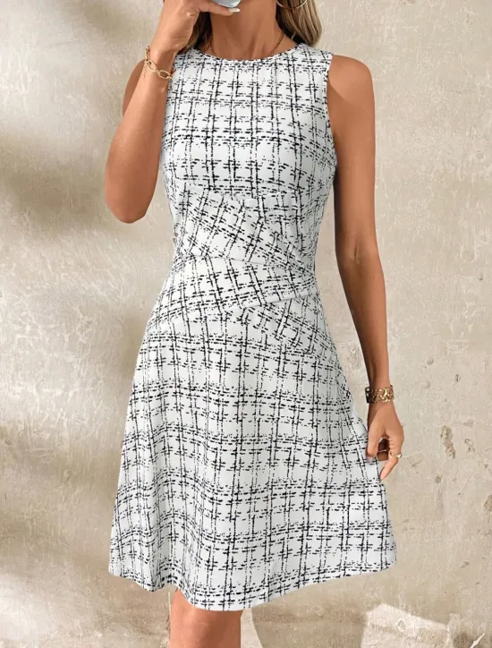 Online Women's Mini Dress A Line Dress Work Dresses Off The Shoulder Dress Vacation Office Regular Fit Plaid Sleeveless Crew Neck Black White Wine Navy Blue Summer Women Work Dresses