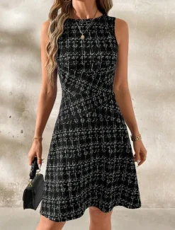 Online Women's Mini Dress A Line Dress Work Dresses Off The Shoulder Dress Vacation Office Regular Fit Plaid Sleeveless Crew Neck Black White Wine Navy Blue Summer Women Work Dresses