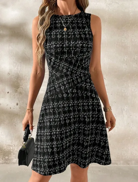 Online Women's Mini Dress A Line Dress Work Dresses Off The Shoulder Dress Vacation Office Regular Fit Plaid Sleeveless Crew Neck Black White Wine Navy Blue Summer Women Work Dresses