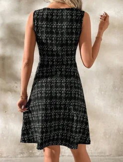 Online Women's Mini Dress A Line Dress Work Dresses Off The Shoulder Dress Vacation Office Regular Fit Plaid Sleeveless Crew Neck Black White Wine Navy Blue Summer Women Work Dresses