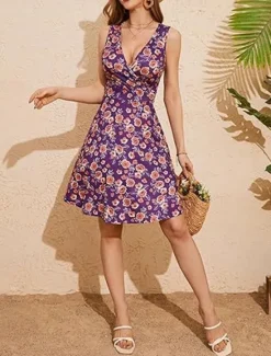 Hot Women's Mini Dress A Line Dress Casual Outdoor Going out Beach Standard Fit Floral Graphic Sleeveless V Neck Red Sky Blue Purple Green Summer Spring Women Vacation Dresses