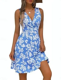 Hot Women's Mini Dress A Line Dress Casual Outdoor Going out Beach Standard Fit Floral Graphic Sleeveless V Neck Red Sky Blue Purple Green Summer Spring Women Vacation Dresses