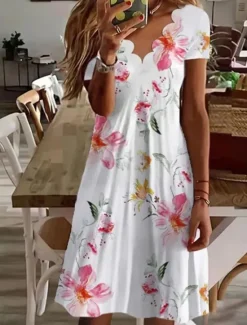 Online Women's Mini Dress A Line Dress Semi Formal Wedding Guest Cocktail Party Going out Regular Fit Floral Graphic Short Sleeve Black White Pink Women Casual Dress|Cocktail Dress