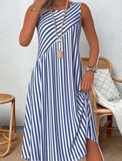 Women's Mini Dress A Line Dress Summer Dress Vacation Casual Outdoor Going out Beach Regular Fit Graphic Striped Sleeveless Crew Neck Summer Spring Women Vacation Dresses|Sundresses