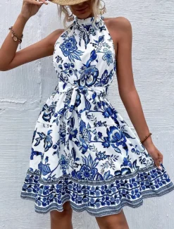 Clearance Women's Mini Dress A Line Dress Halter Dress Vacation Casual Boho Outdoor Going out Beach Regular Fit Floral Graphic Sleeveless Halter Neck Yellow Red Blue Green Summer Women Vacation Dresses