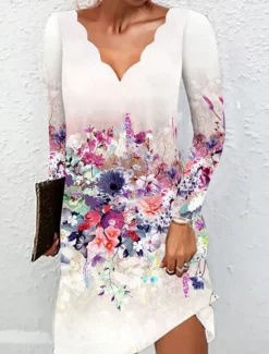 Women's Mini Dress A Line Dress Summer Dress Casual Daily Regular Fit Graphic Long Sleeve V Neck White Yellow Purple Gold Summer Women Casual Dress