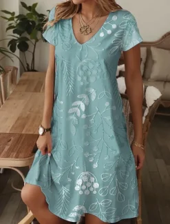Hot Women's Mini Dress A Line DressT Shirt Dress Tee Dress Casual Vacation Daily Regular Fit Graphic Paisley Short Sleeve V Neck Blue Beige Summer Spring Women T Shirt Dresses
