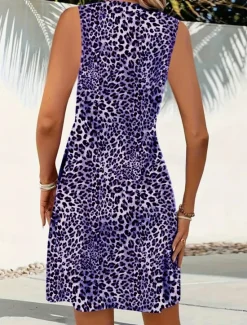 Hot Women's Mini Dress A Line Dress Slip Dress Off The Shoulder Dress Casual Outdoor Going out Standard Fit Leopard Sleeveless V Neck Black Wine Blue Purple Summer Women Vacation Dresses