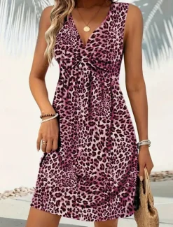 Hot Women's Mini Dress A Line Dress Slip Dress Off The Shoulder Dress Casual Outdoor Going out Standard Fit Leopard Sleeveless V Neck Black Wine Blue Purple Summer Women Vacation Dresses