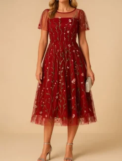 Women's Mini Dress A Line Dress Tulle Dress Elegant Party Cocktail Outdoor Party Wedding Guest Regular Fit Floral Short Sleeve Crew Neck Black White Red Blue Summer Women Cocktail Dress