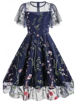 Women's Mini Dress A Line Dress Tulle Dress Elegant Party Cocktail Outdoor Party Wedding Guest Regular Fit Floral Short Sleeve Crew Neck Black White Red Blue Summer Women Cocktail Dress