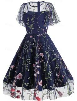 Women's Mini Dress A Line Dress Tulle Dress Elegant Party Cocktail Outdoor Party Wedding Guest Regular Fit Floral Short Sleeve Crew Neck Black White Red Blue Summer Women Cocktail Dress