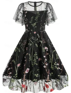 Women's Mini Dress A Line Dress Tulle Dress Elegant Party Cocktail Outdoor Party Wedding Guest Regular Fit Floral Short Sleeve Crew Neck Black White Red Blue Summer Women Cocktail Dress