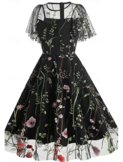 Women's Mini Dress A Line Dress Tulle Dress Elegant Party Cocktail Outdoor Party Wedding Guest Regular Fit Floral Short Sleeve Crew Neck Black White Red Blue Summer Women Cocktail Dress