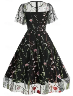 Women's Mini Dress A Line Dress Tulle Dress Elegant Party Cocktail Outdoor Party Wedding Guest Regular Fit Floral Short Sleeve Crew Neck Black White Red Blue Summer Women Cocktail Dress