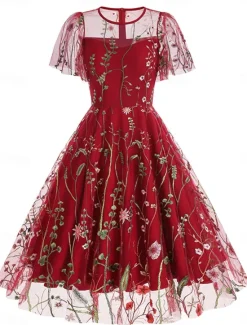 Women's Mini Dress A Line Dress Tulle Dress Elegant Party Cocktail Outdoor Party Wedding Guest Regular Fit Floral Short Sleeve Crew Neck Black White Red Blue Summer Women Cocktail Dress
