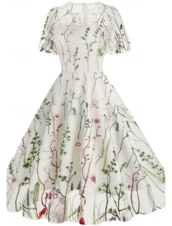 Women's Mini Dress A Line Dress Tulle Dress Elegant Party Cocktail Outdoor Party Wedding Guest Regular Fit Floral Short Sleeve Crew Neck Black White Red Blue Summer Women Cocktail Dress