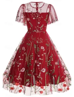 Women's Mini Dress A Line Dress Tulle Dress Elegant Party Cocktail Outdoor Party Wedding Guest Regular Fit Floral Short Sleeve Crew Neck Black White Red Blue Summer Women Cocktail Dress
