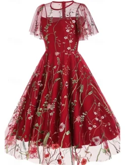 Women's Mini Dress A Line Dress Tulle Dress Elegant Party Cocktail Outdoor Party Wedding Guest Regular Fit Floral Short Sleeve Crew Neck Black White Red Blue Summer Women Cocktail Dress