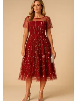 Women's Mini Dress A Line Dress Tulle Dress Elegant Party Cocktail Outdoor Party Wedding Guest Regular Fit Floral Short Sleeve Crew Neck Black White Red Blue Summer Women Cocktail Dress