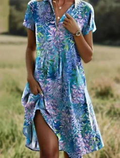 Best Women's Mini Dress A Line Dress Summer Dress Vacation Casual Boho Daily Regular Fit Floral Graphic Short Sleeve Lapel Dark Brown Red Blue Green Summer Women Casual Dress