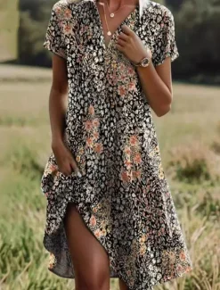 Best Women's Mini Dress A Line Dress Summer Dress Vacation Casual Boho Daily Regular Fit Floral Graphic Short Sleeve Lapel Dark Brown Red Blue Green Summer Women Casual Dress