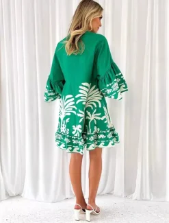 Best Women's Mini Dress A Line Dress Fit And Flare Dress Vacation Party Casual Flare Cuff Sleeve Party Birthday Daily Loose Fit Floral Leaf Tropical 3/4 Length Sleeve V Neck Summer Spring Women Casual Dress