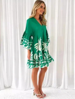 Best Women's Mini Dress A Line Dress Fit And Flare Dress Vacation Party Casual Flare Cuff Sleeve Party Birthday Daily Loose Fit Floral Leaf Tropical 3/4 Length Sleeve V Neck Summer Spring Women Casual Dress