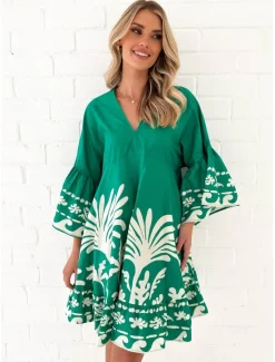 Best Women's Mini Dress A Line Dress Fit And Flare Dress Vacation Party Casual Flare Cuff Sleeve Party Birthday Daily Loose Fit Floral Leaf Tropical 3/4 Length Sleeve V Neck Summer Spring Women Casual Dress
