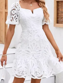Discount Women's Mini Dress A Line Dress Summer Dress Eyelet Dress Vacation Casual Daily Regular Fit Graphic Short Sleeve V Neck Summer Women White Dresses|Sundresses