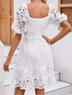 Discount Women's Mini Dress A Line Dress Summer Dress Eyelet Dress Vacation Casual Daily Regular Fit Graphic Short Sleeve V Neck Summer Women White Dresses|Sundresses
